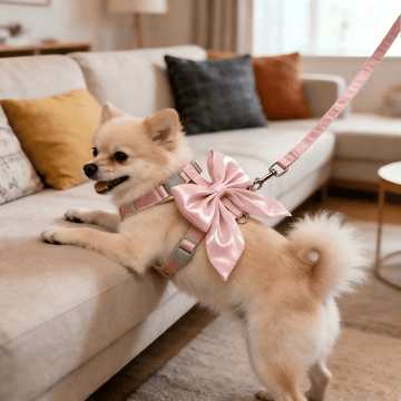 Multicolor polyester pet harness with glossy 3D big bow decoration and adjustable chest strap for cats and dogs.