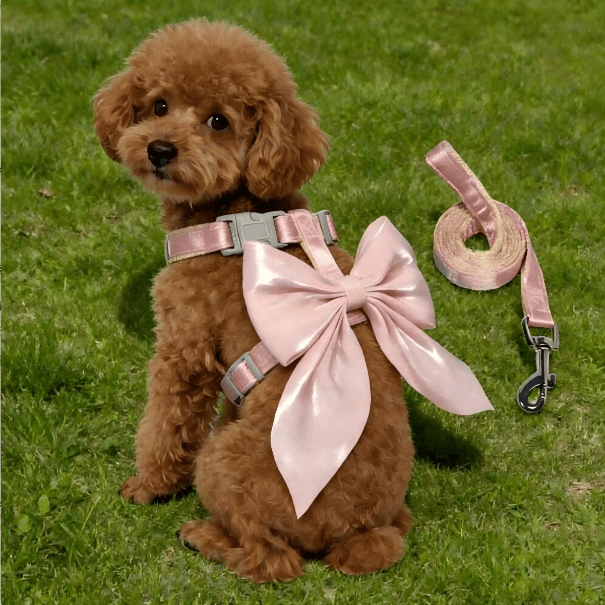 Multicolor polyester pet harness with glossy 3D big bow decoration and adjustable chest strap for cats and dogs.