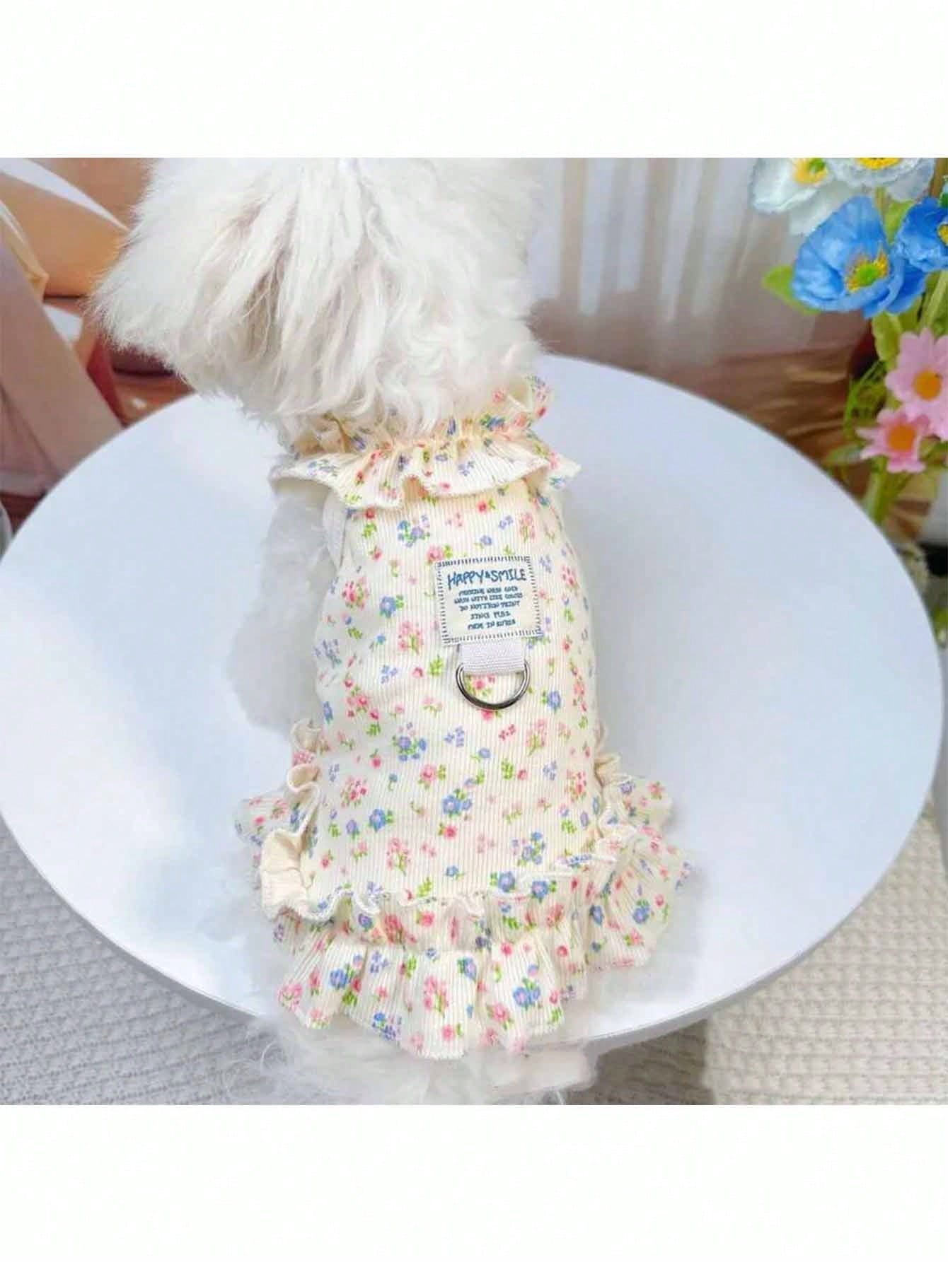 1pc Soft Pet Dress, Princess Style Cat And Dog Clothing, Breathable Floral Sun Dress, Suitable For Poodle, Teddy, Bichon Frise To Wear In Spring And Summer