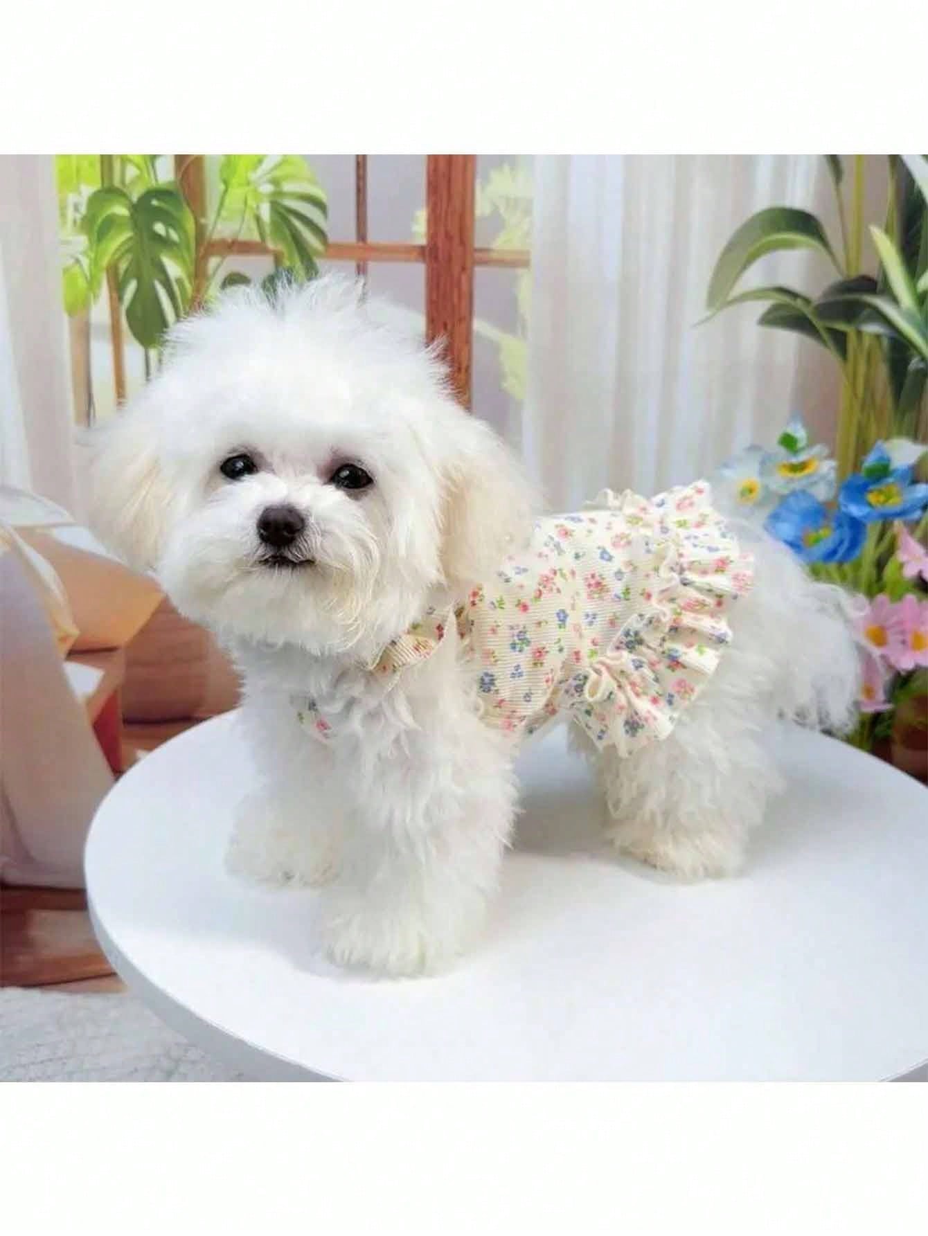 1pc Soft Pet Dress, Princess Style Cat And Dog Clothing, Breathable Floral Sun Dress, Suitable For Poodle, Teddy, Bichon Frise To Wear In Spring And Summer
