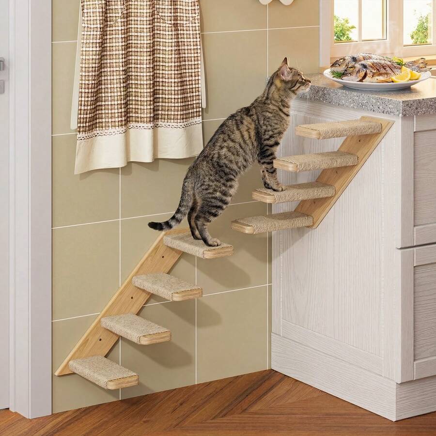 Wall mounted grey wooden cat furniture set featuring a cat house, wooden bridge, climbing steps, and scratcher board for indoor cats.