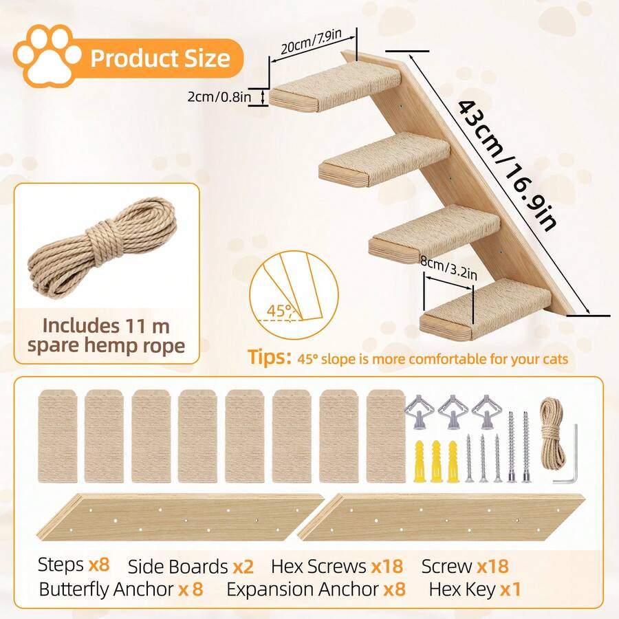 Wall mounted grey wooden cat furniture set featuring a cat house, wooden bridge, climbing steps, and scratcher board for indoor cats.