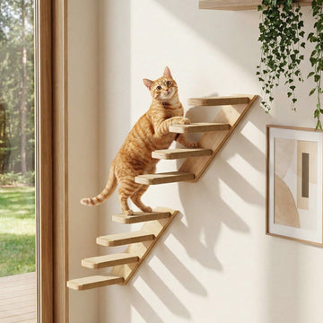 Multicolor MDF wall mounted cat shelves set featuring sisal stair steps and a perch platform for indoor cats.