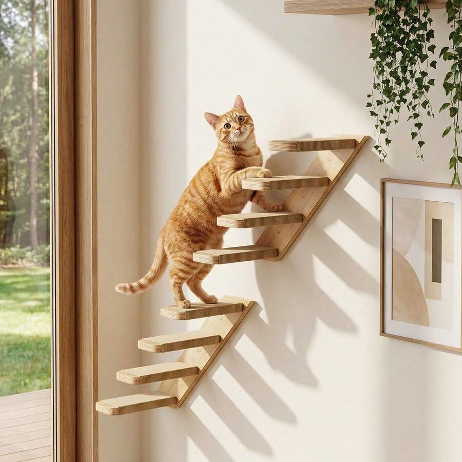 Multicolor MDF wall mounted cat shelves set featuring sisal stair steps and a perch platform for indoor cats.