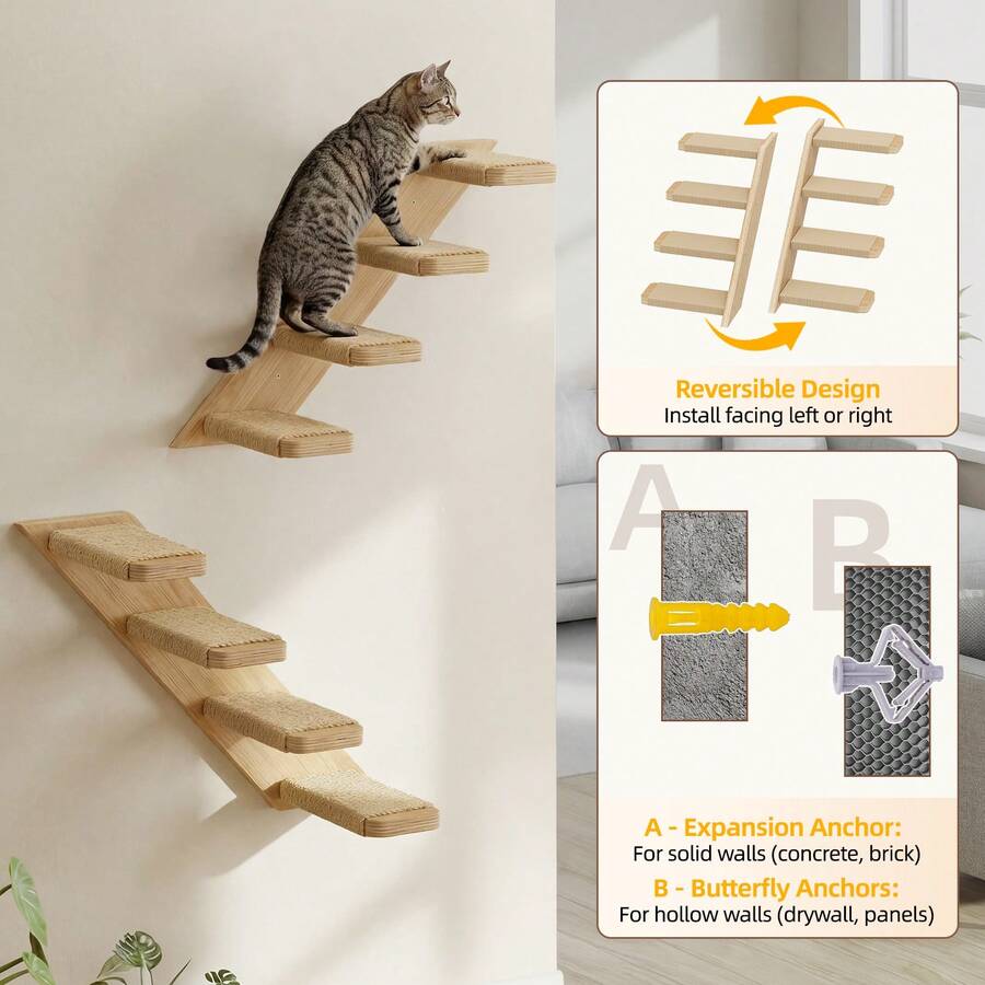 Multicolor MDF wall mounted cat shelves set featuring sisal stair steps and a perch platform for indoor cats.