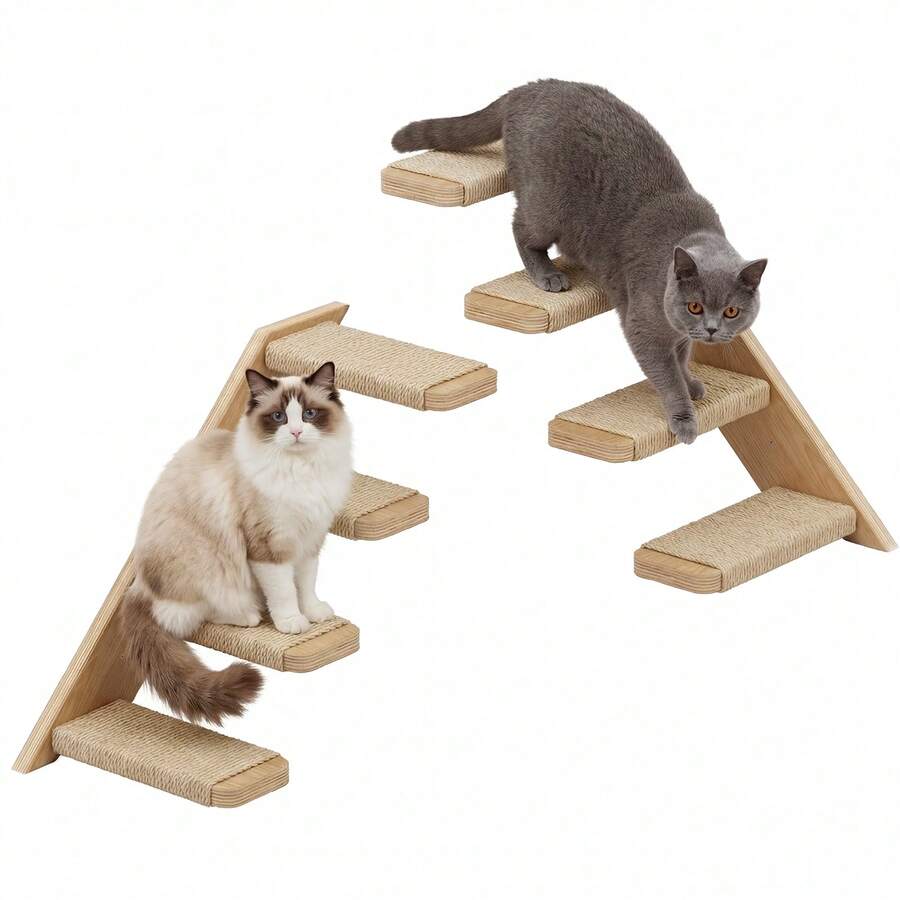 Multicolor MDF wall mounted cat shelves set featuring sisal stair steps and a perch platform for indoor cats.