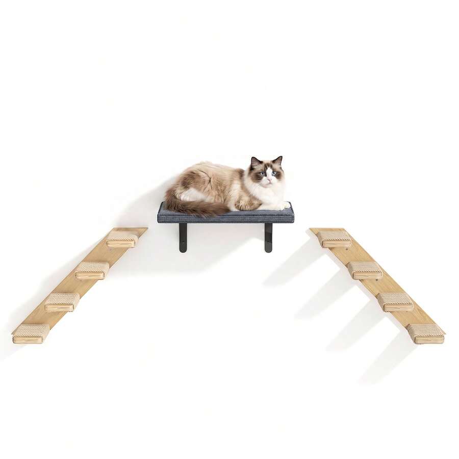 Multicolor MDF wall mounted cat shelves set featuring sisal stair steps and a perch platform for indoor cats.
