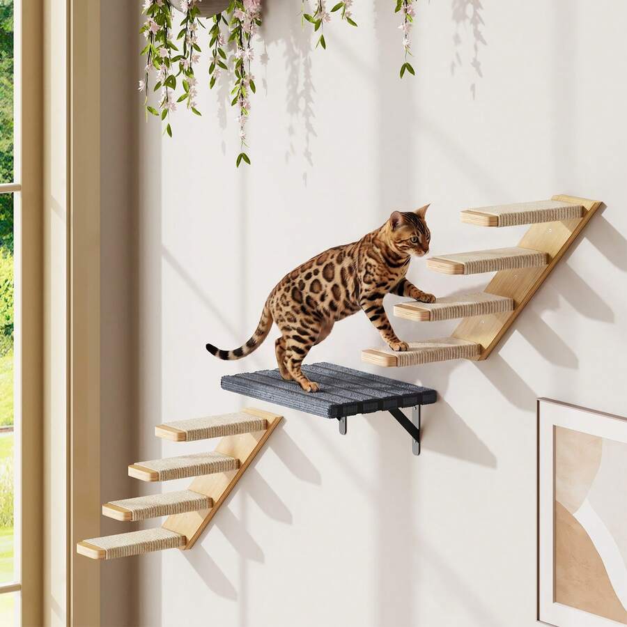 Multicolor MDF wall mounted cat shelves set featuring sisal stair steps and a perch platform for indoor cats.