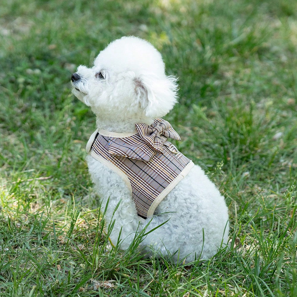Multicolor plaid polyester dog harness and leash set with bow and ruffle design for small dogs, featuring a breathable chest strap for walking.