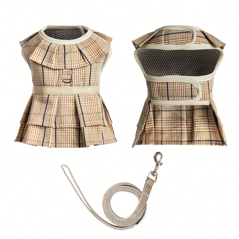 Multicolor plaid polyester dog harness and leash set with bow and ruffle design for small dogs, featuring a breathable chest strap for walking.