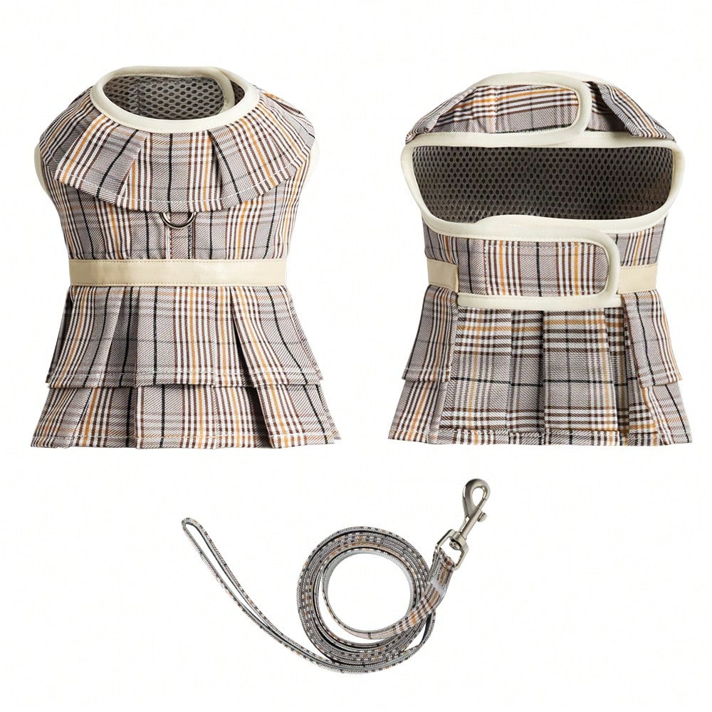 Multicolor plaid polyester dog harness and leash set with bow and ruffle design for small dogs, featuring a breathable chest strap for walking.