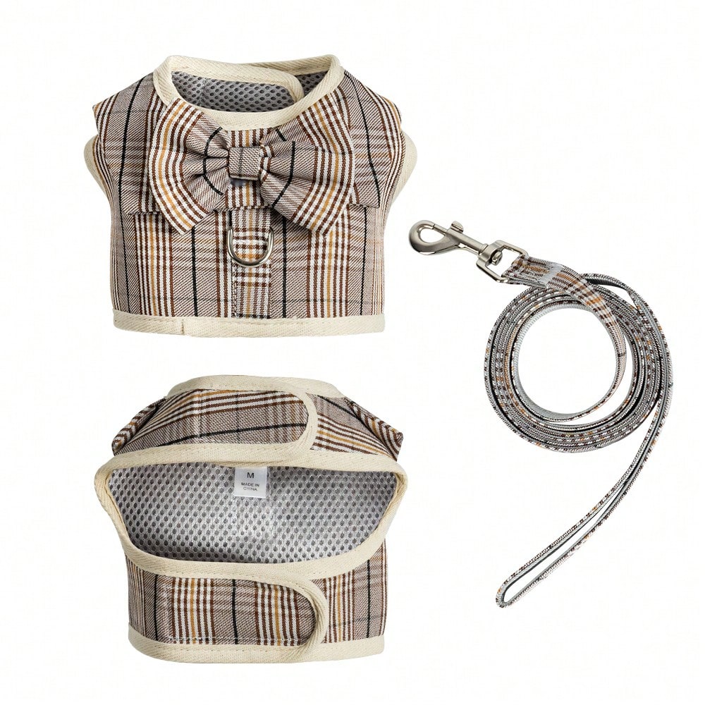 Multicolor plaid polyester dog harness and leash set with bow and ruffle design for small dogs, featuring a breathable chest strap for walking.