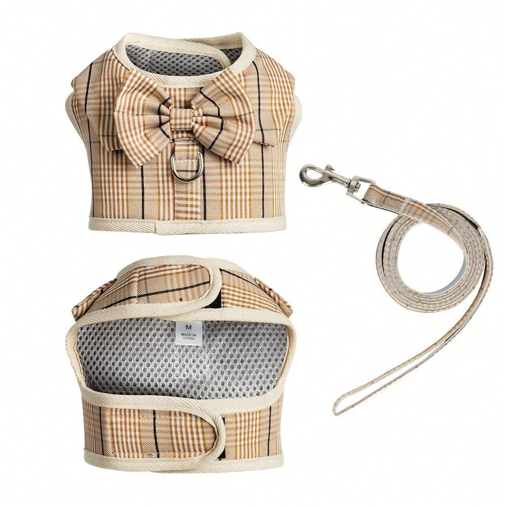 Multicolor plaid polyester dog harness and leash set with bow and ruffle design for small dogs, featuring a breathable chest strap for walking.