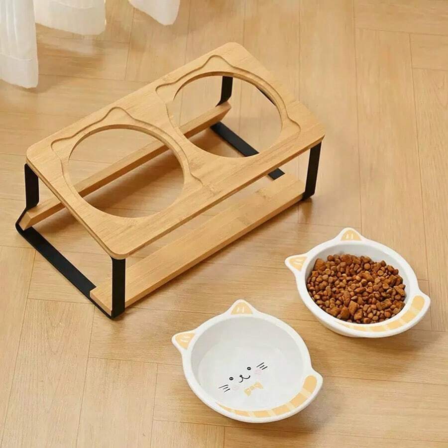 Tilted raised double pet bowl set with cartoon pattern for cats and dogs