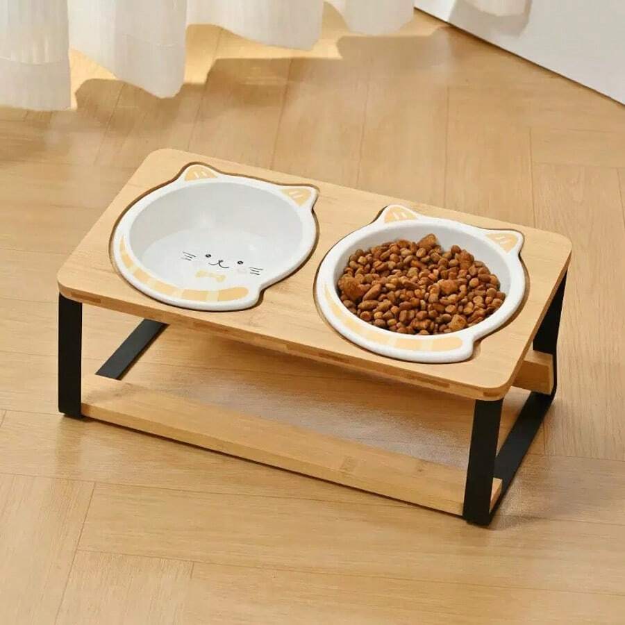 Tilted raised double pet bowl set with cartoon pattern for cats and dogs