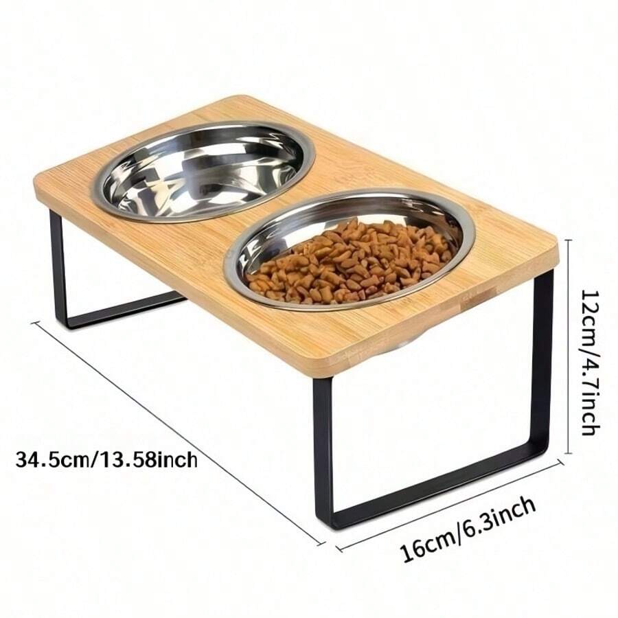 Tilted raised double pet bowl set with cartoon pattern for cats and dogs