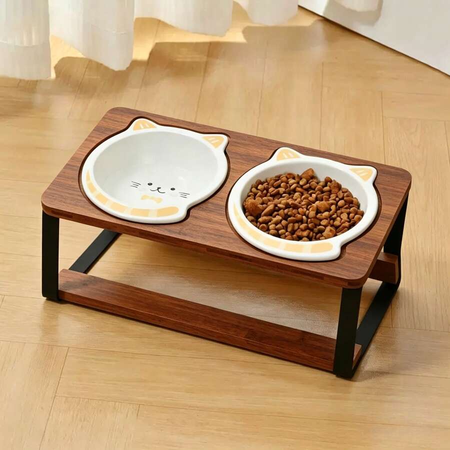 Tilted raised double pet bowl set with cartoon pattern for cats and dogs