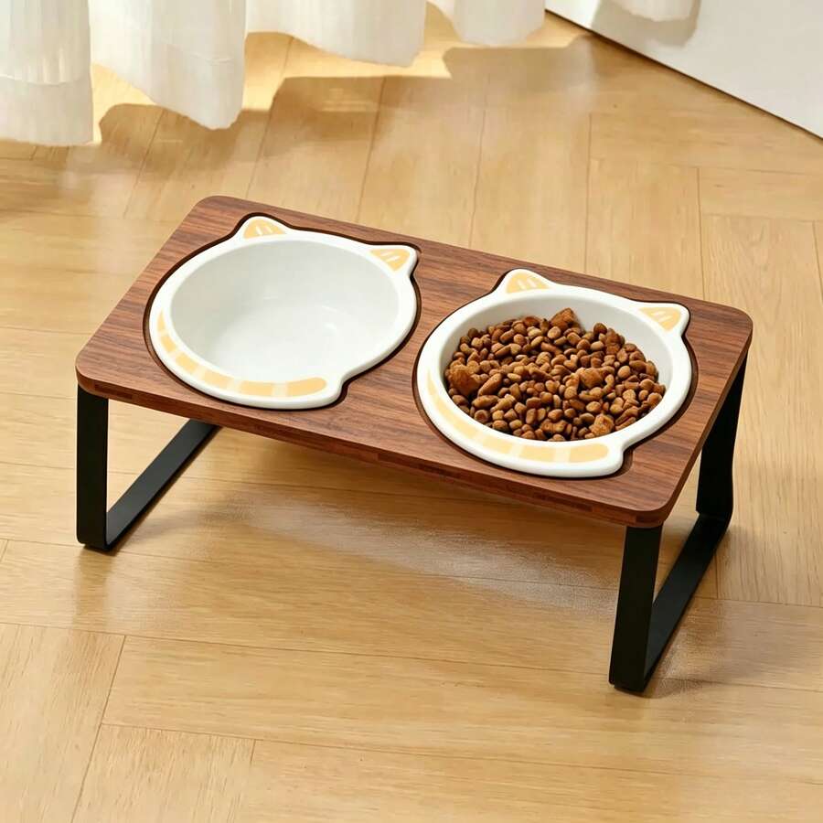 Tilted raised double pet bowl set with cartoon pattern for cats and dogs