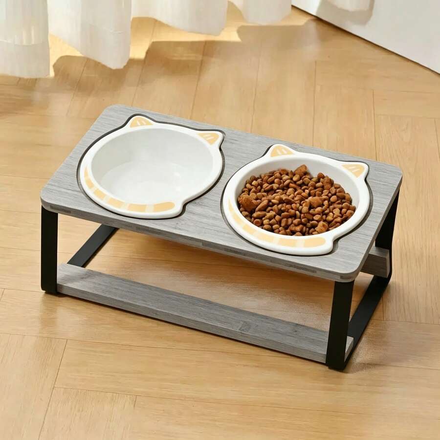 Tilted raised double pet bowl set with cartoon pattern for cats and dogs