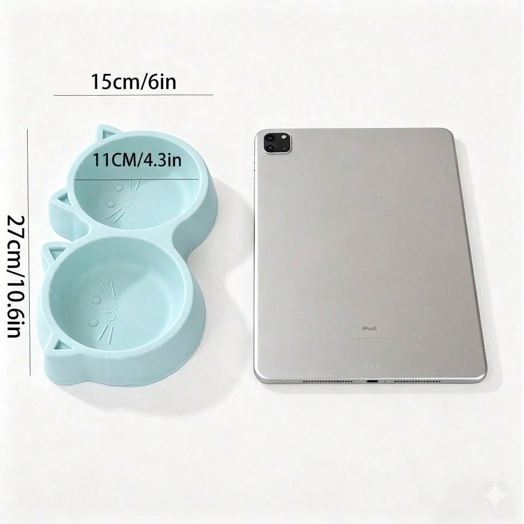 Cute Cat Shaped Dual Pet Bowls, Suitable For Cats, Dogs, Rabbits And Small Pets, Plastic Cat Food Bowl With Anti-Spill Silicone Base, Easy To Clean And Durable