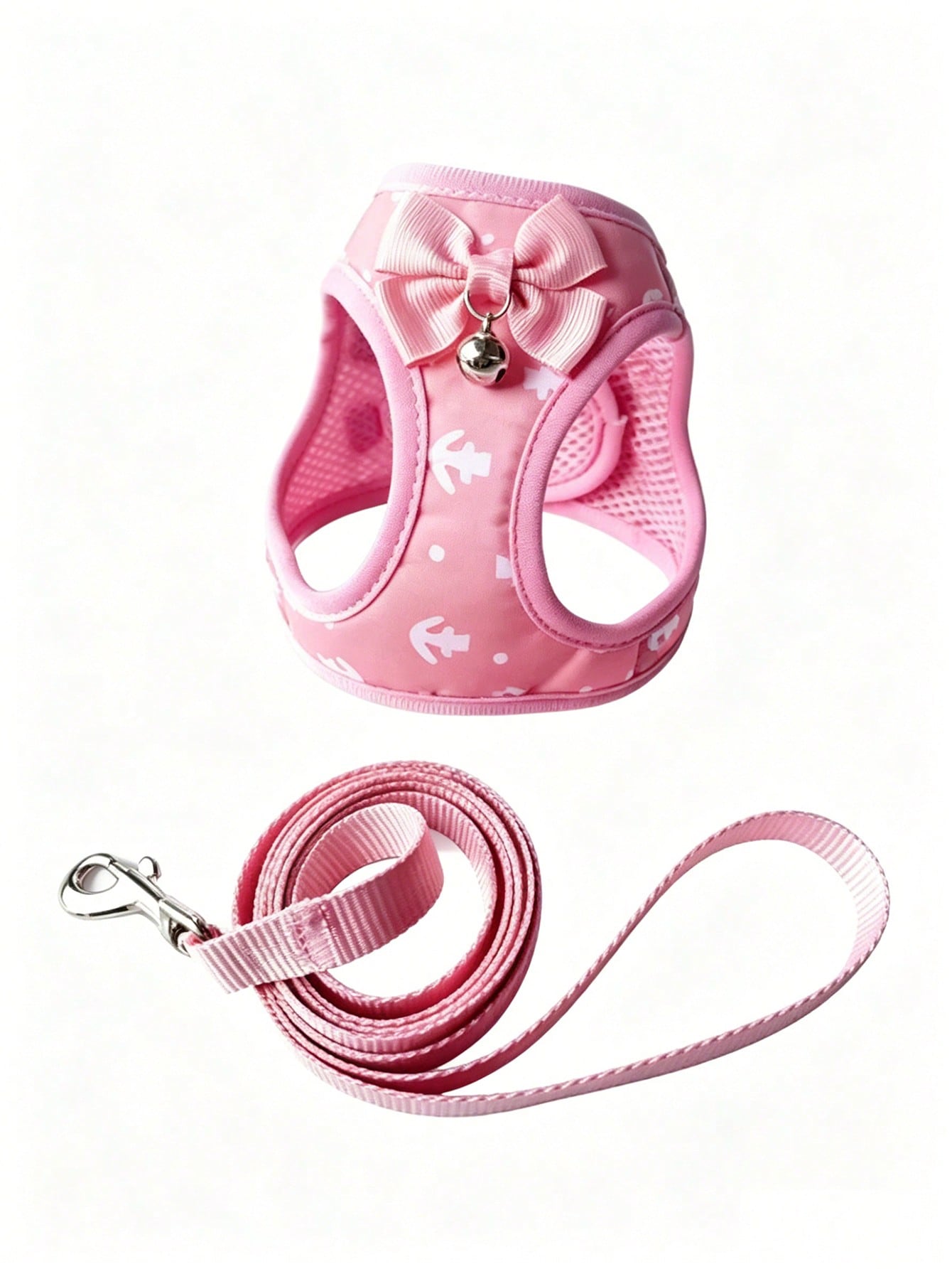 Multicolor pet harness and leash set with anchor pattern, breathable polyester mesh vest, bow and bell decor, adjustable anti-pull design for small dogs and cats
