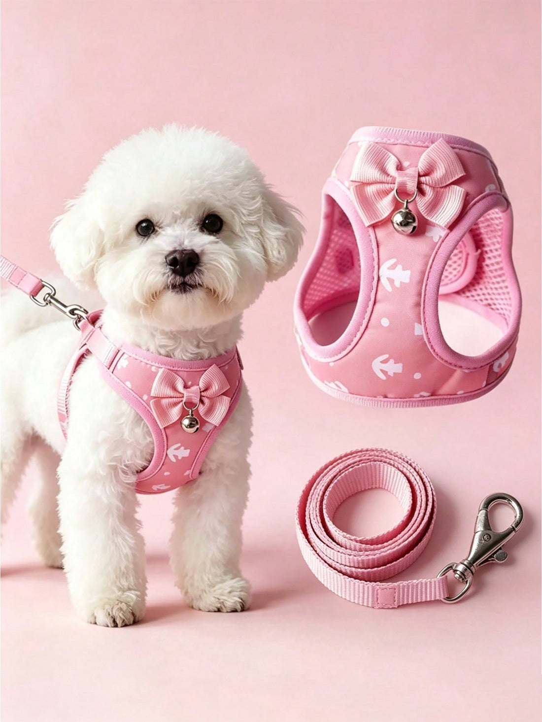 Multicolor pet harness and leash set with anchor pattern, breathable polyester mesh vest, bow and bell decor, adjustable anti-pull design for small dogs and cats