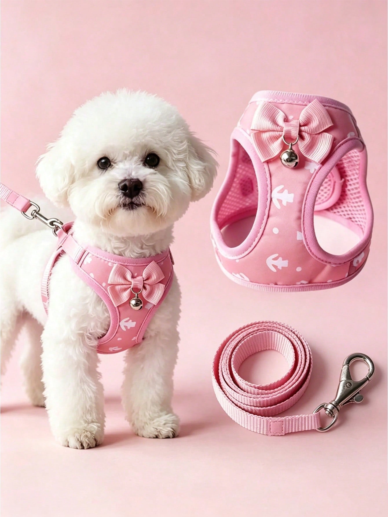 Multicolor pet harness and leash set with anchor pattern, breathable polyester mesh vest, bow and bell decor, adjustable anti-pull design for small dogs and cats