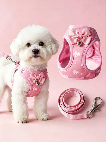 Multicolor pet harness and leash set with anchor pattern, breathable polyester mesh vest, bow and bell decor, adjustable anti-pull design for small dogs and cats