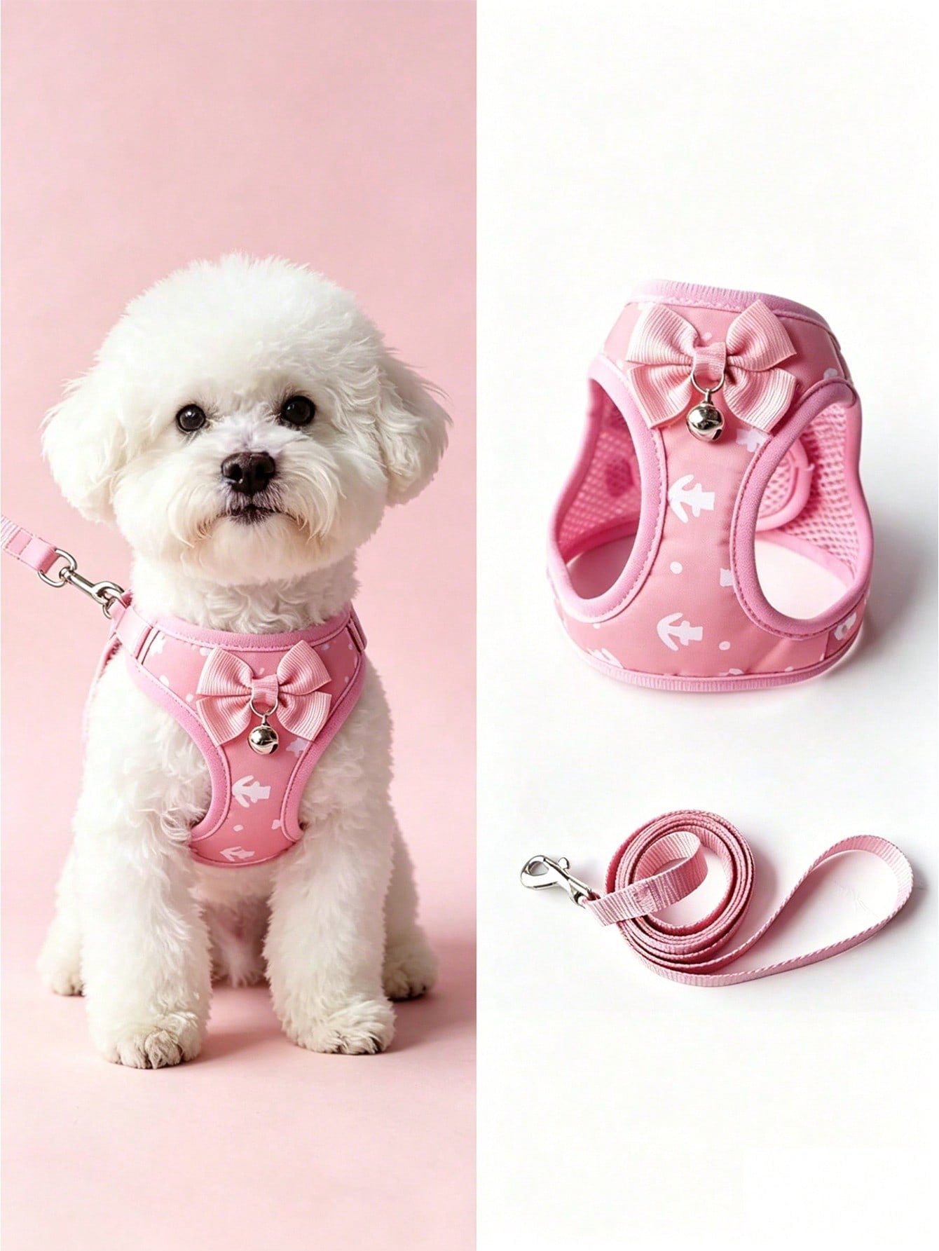 Multicolor pet harness and leash set with anchor pattern, breathable polyester mesh vest, bow and bell decor, adjustable anti-pull design for small dogs and cats