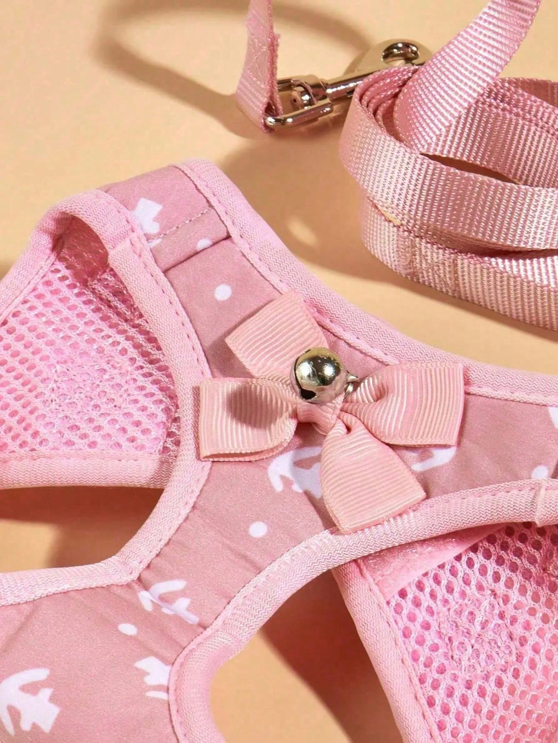 Multicolor pet harness and leash set with anchor pattern, breathable polyester mesh vest, bow and bell decor, adjustable anti-pull design for small dogs and cats