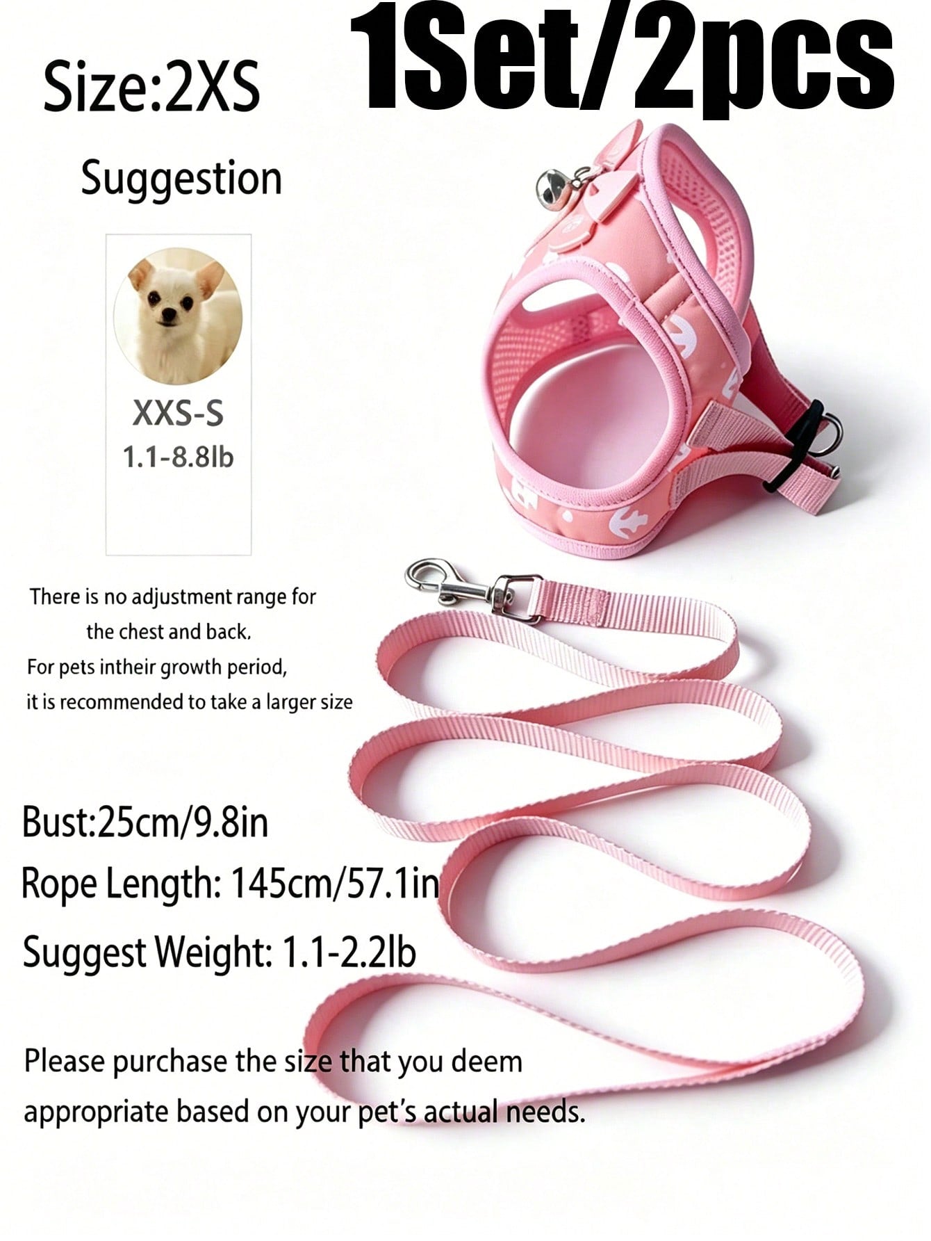 Multicolor pet harness and leash set with anchor pattern, breathable polyester mesh vest, bow and bell decor, adjustable anti-pull design for small dogs and cats