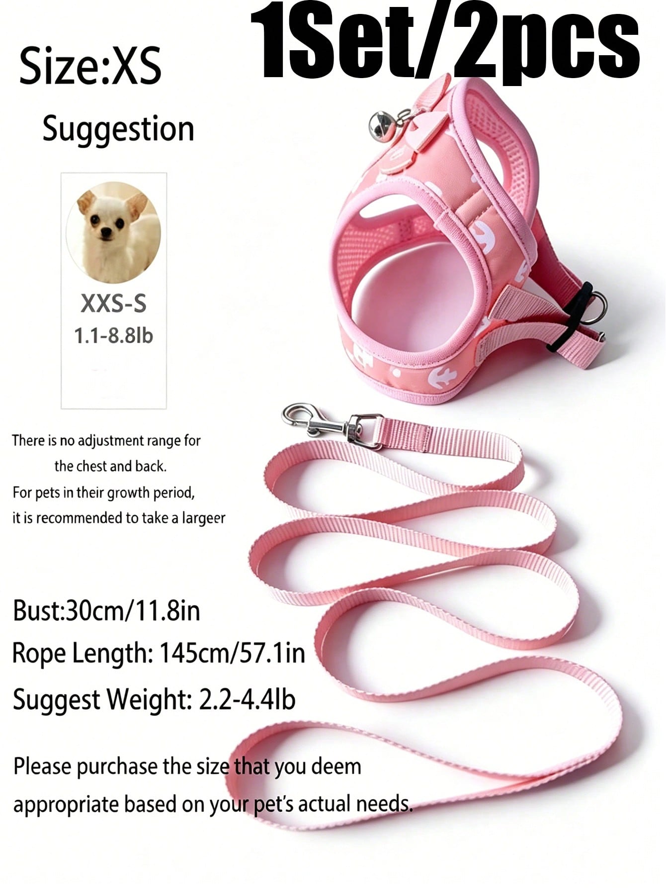 Multicolor pet harness and leash set with anchor pattern, breathable polyester mesh vest, bow and bell decor, adjustable anti-pull design for small dogs and cats