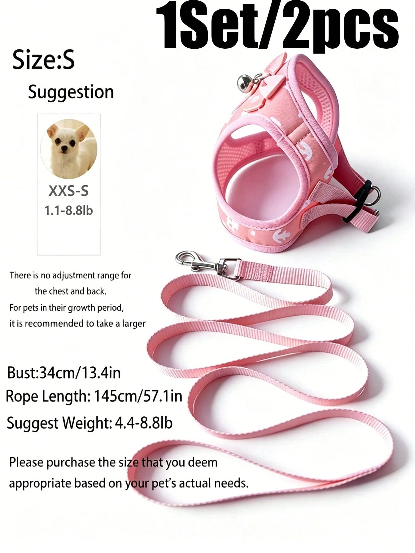 Multicolor pet harness and leash set with anchor pattern, breathable polyester mesh vest, bow and bell decor, adjustable anti-pull design for small dogs and cats