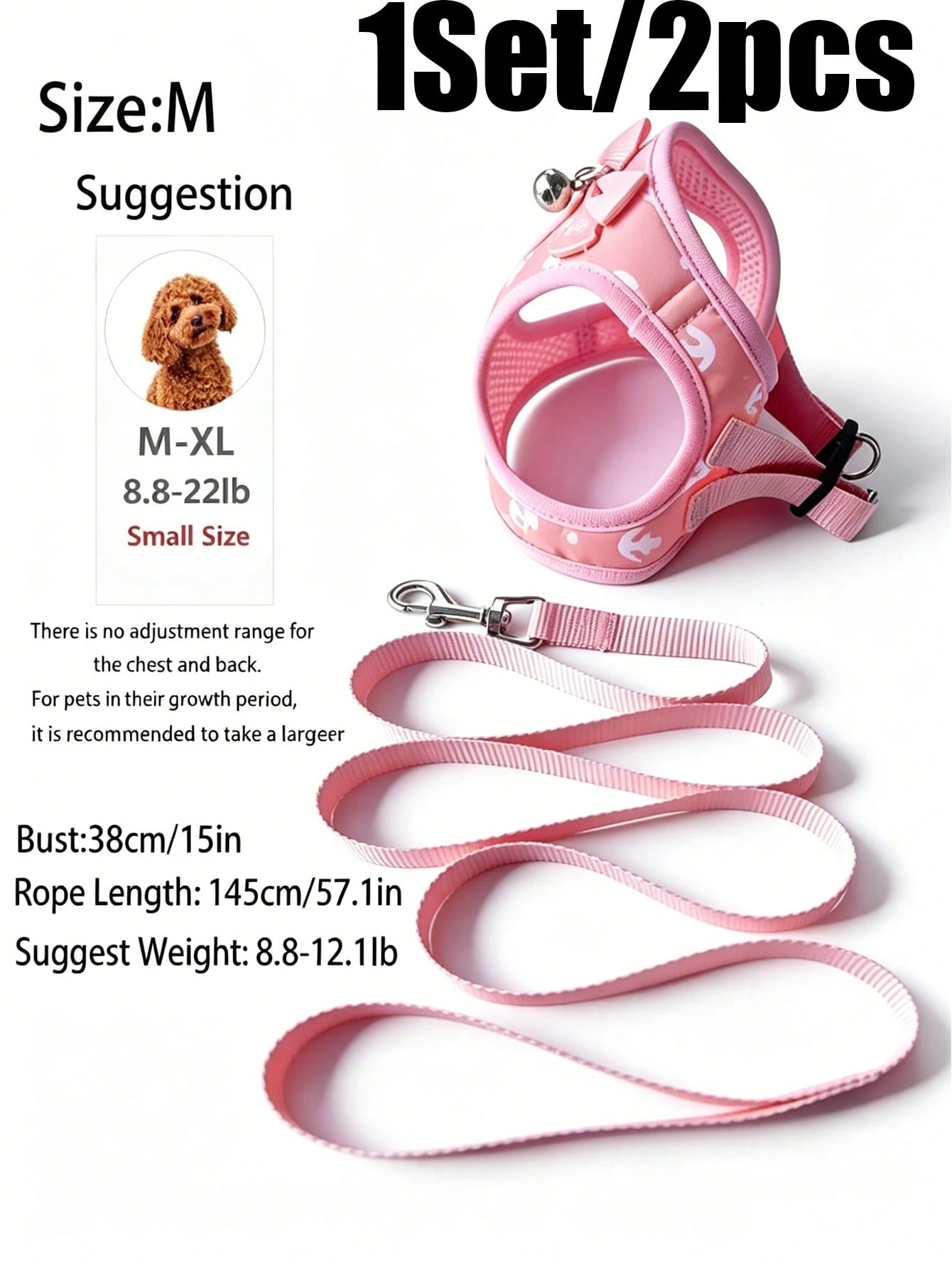 Multicolor pet harness and leash set with anchor pattern, breathable polyester mesh vest, bow and bell decor, adjustable anti-pull design for small dogs and cats