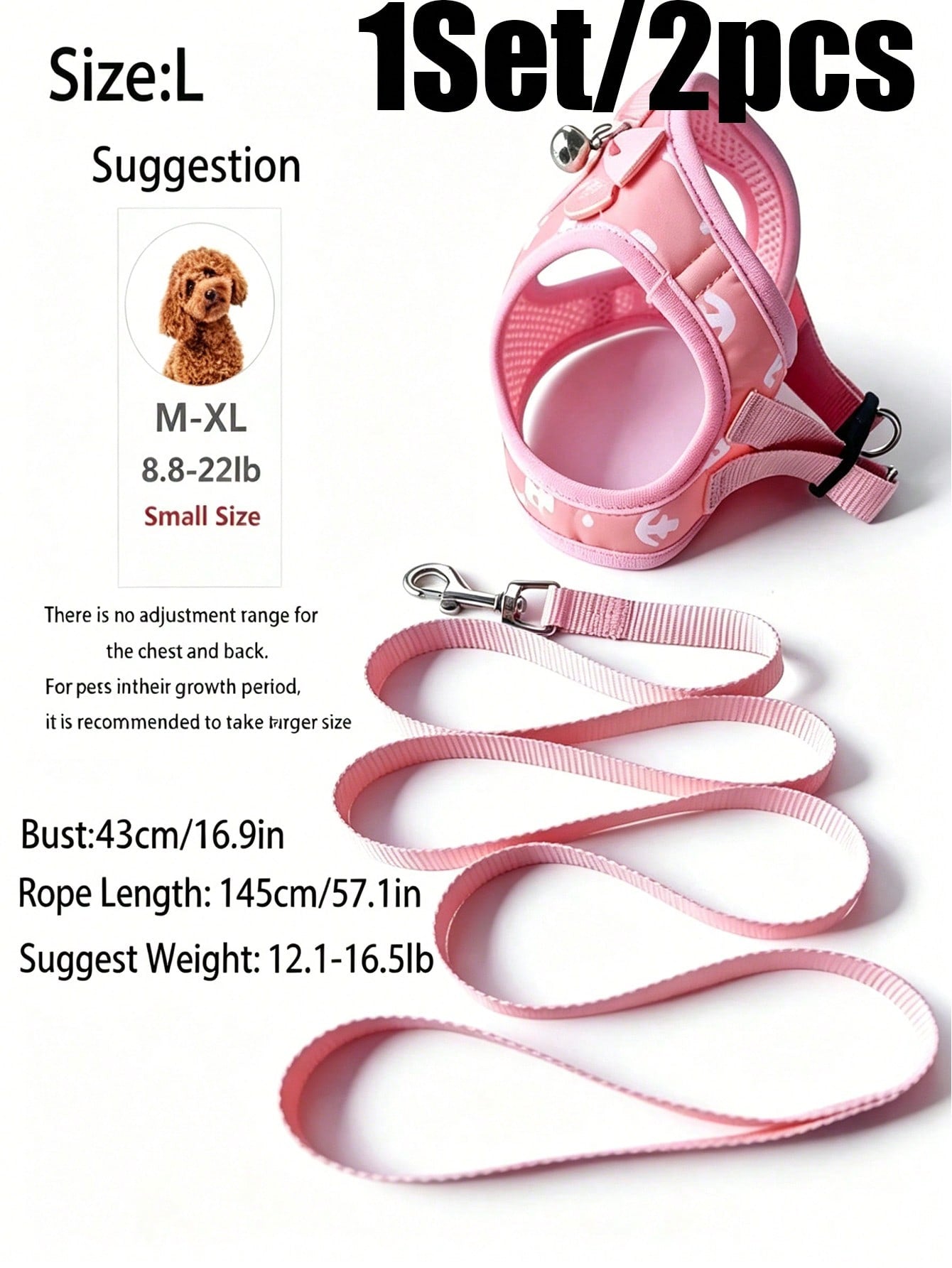 Multicolor pet harness and leash set with anchor pattern, breathable polyester mesh vest, bow and bell decor, adjustable anti-pull design for small dogs and cats
