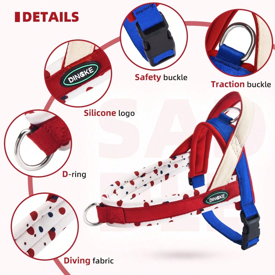 Soft padded colorblock dog harness for small to medium dogs and active puppies, made from polyester for everyday walking.