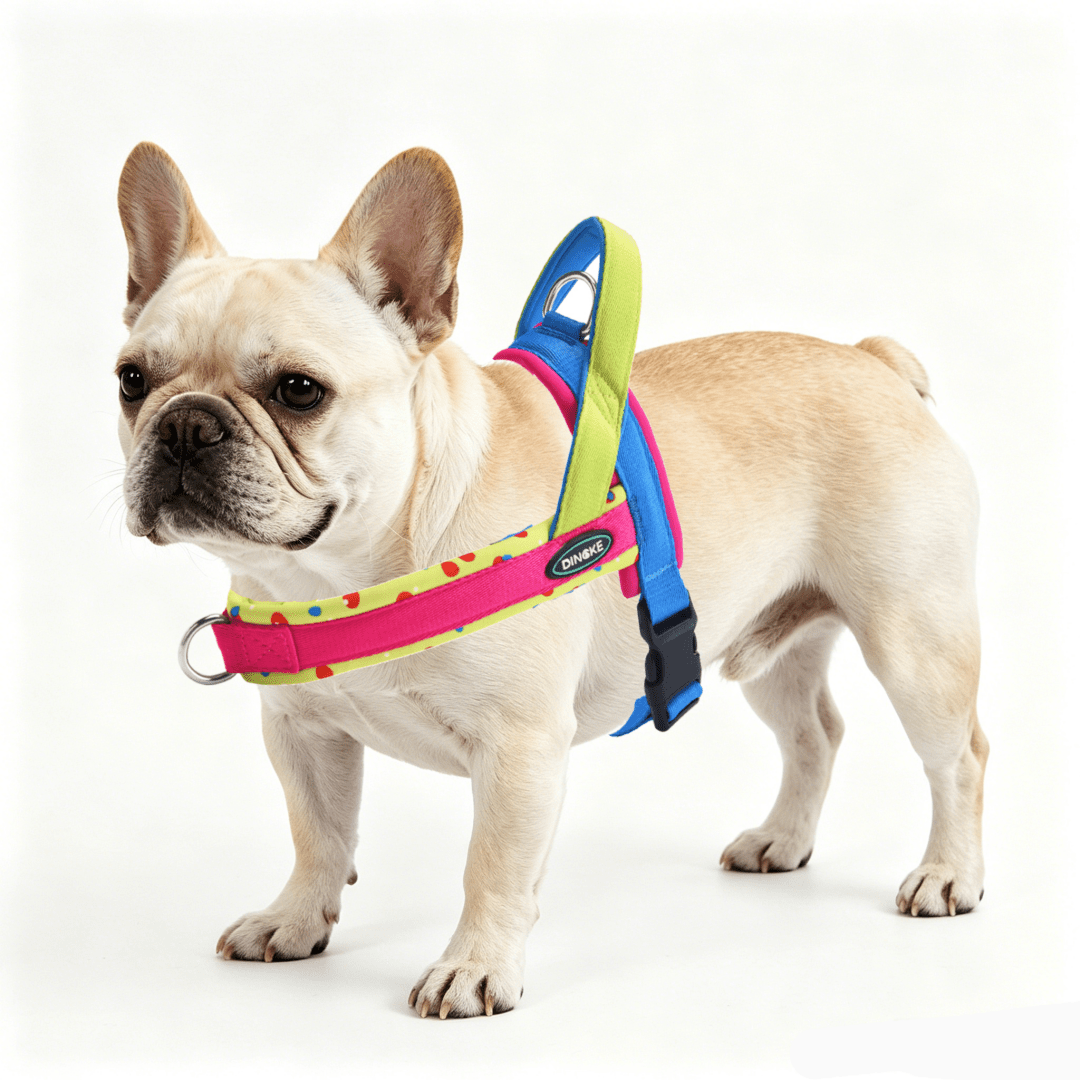 Soft padded colorblock dog harness for small to medium dogs and active puppies, made from polyester for everyday walking.