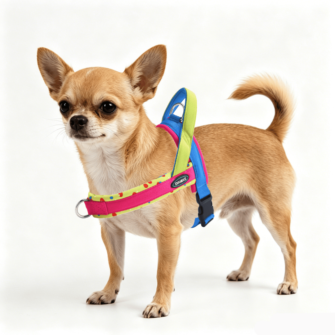 Soft padded colorblock dog harness for small to medium dogs and active puppies, made from polyester for everyday walking.