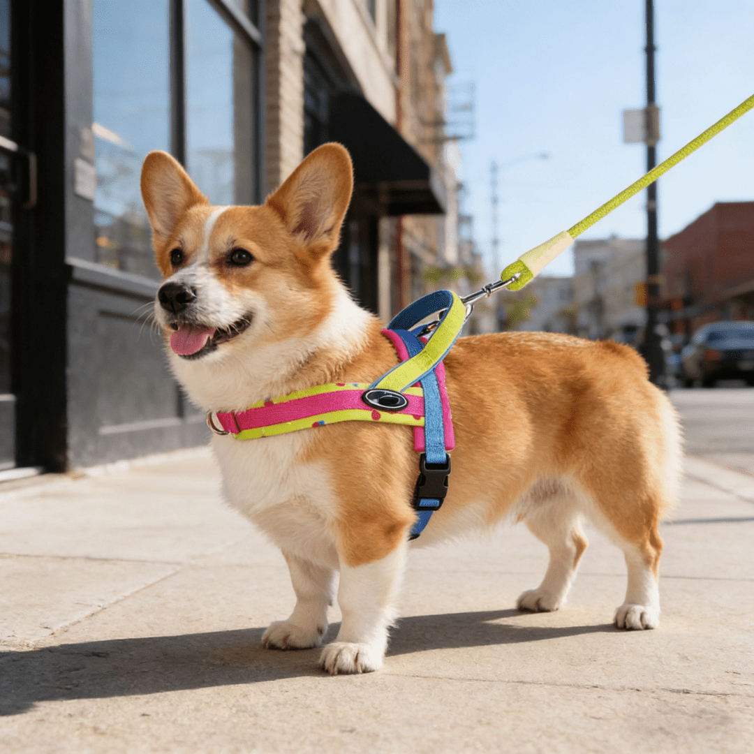 Soft padded colorblock dog harness for small to medium dogs and active puppies, made from polyester for everyday walking.