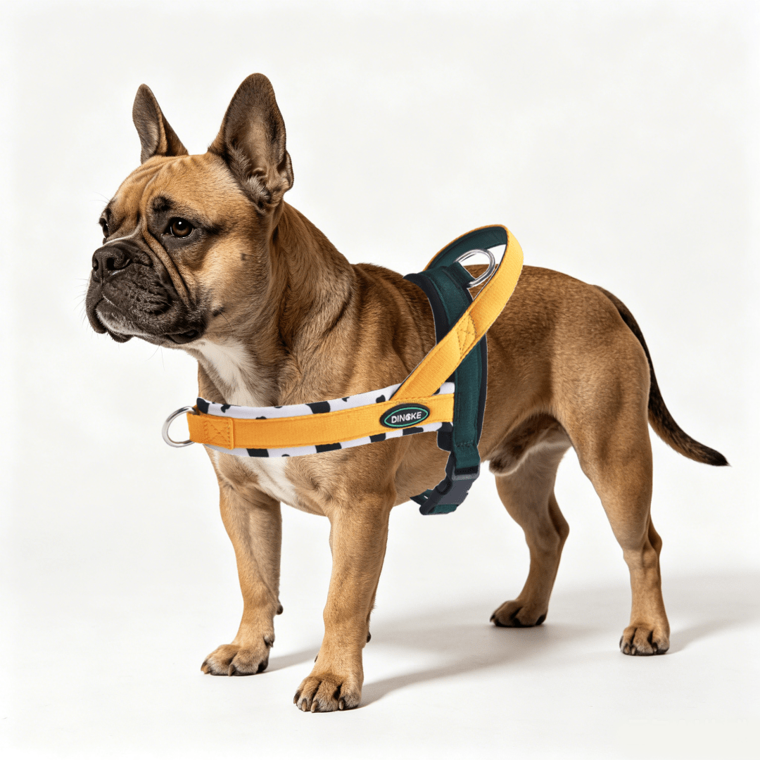 Soft padded colorblock dog harness for small to medium dogs and active puppies, made from polyester for everyday walking.