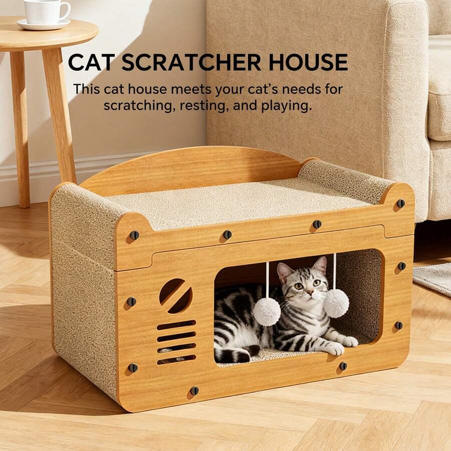 Cardboard 2-in-1 cat scratcher house and indoor pet cave bed with hanging balls for playing and scratching