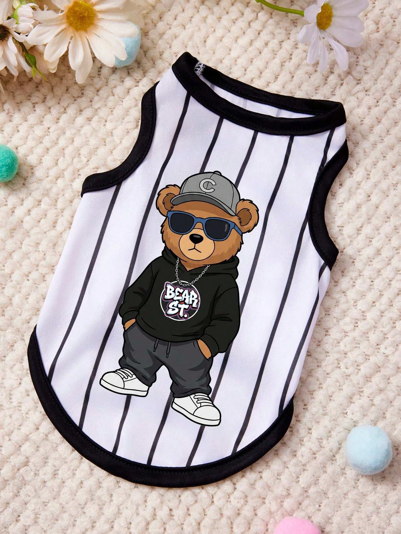 1pc Domineering Brown Bear Printed Pet Vest With Black And White Stripes, Casual Style, Gentle And Breathable, Anti Shedding Pet Clothes