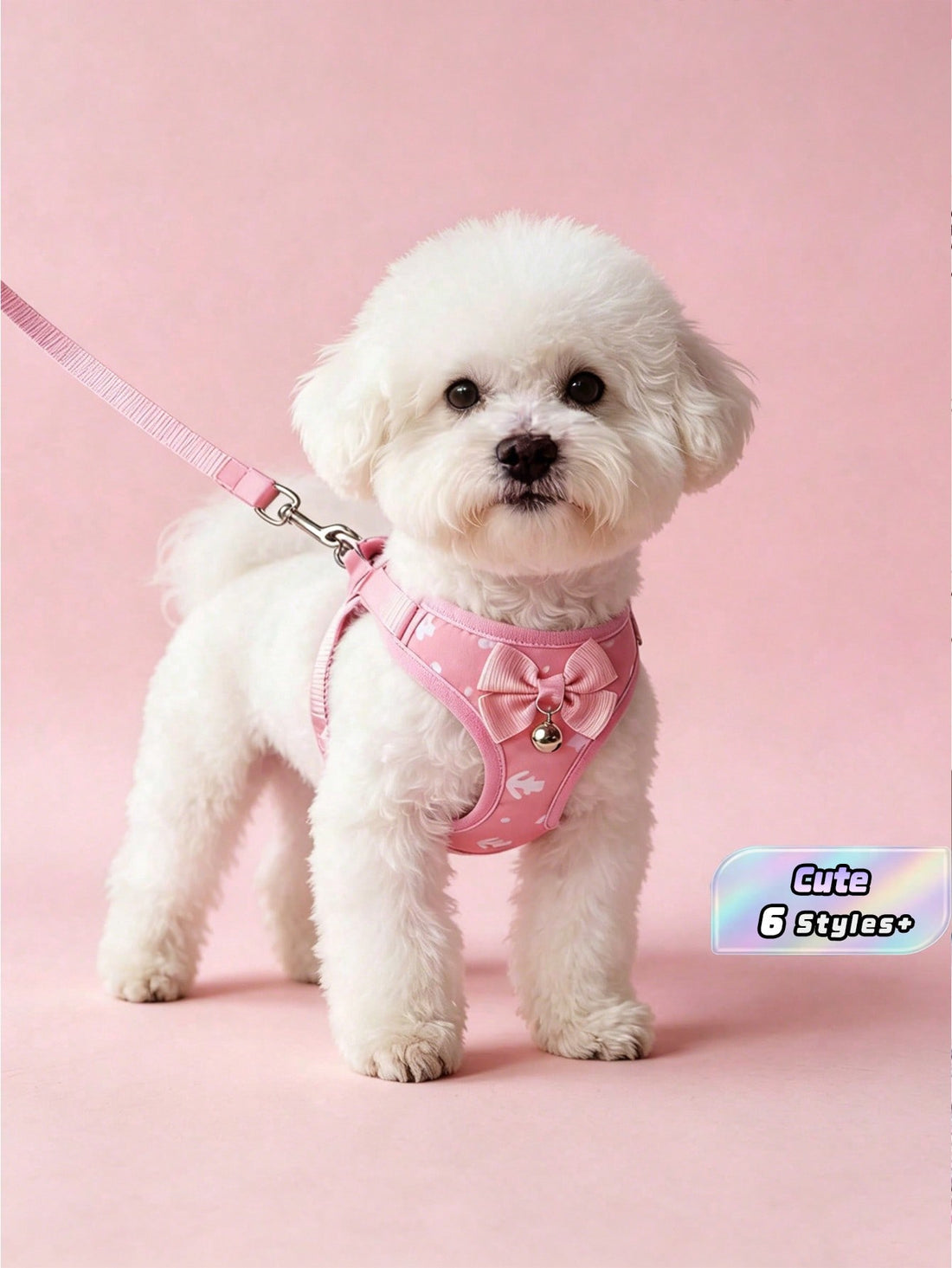 Pink polyester pet harness and leash set with bow design for cats, dogs, kittens, and puppies