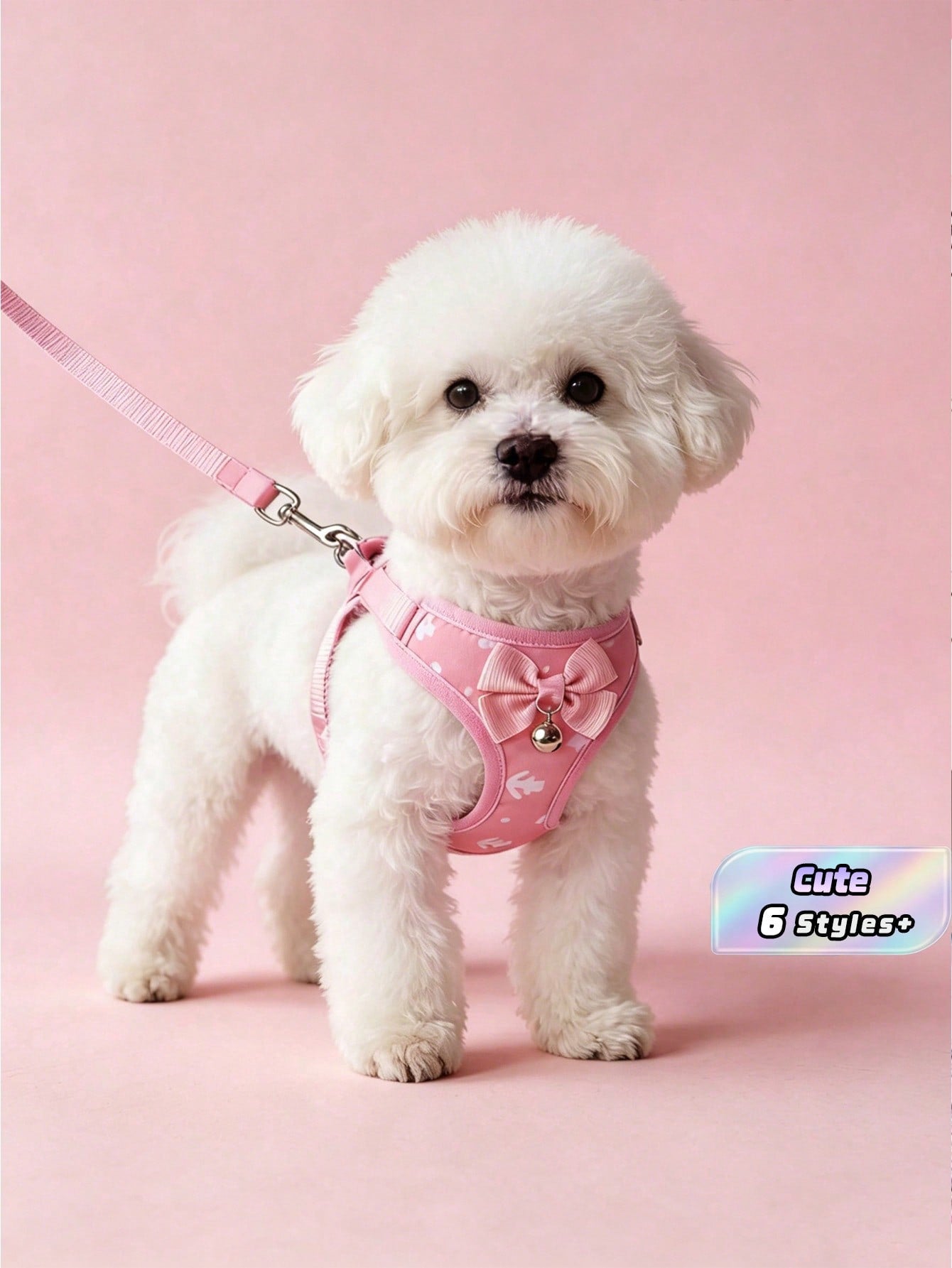 Pink polyester pet harness and leash set with bow design for cats, dogs, kittens, and puppies