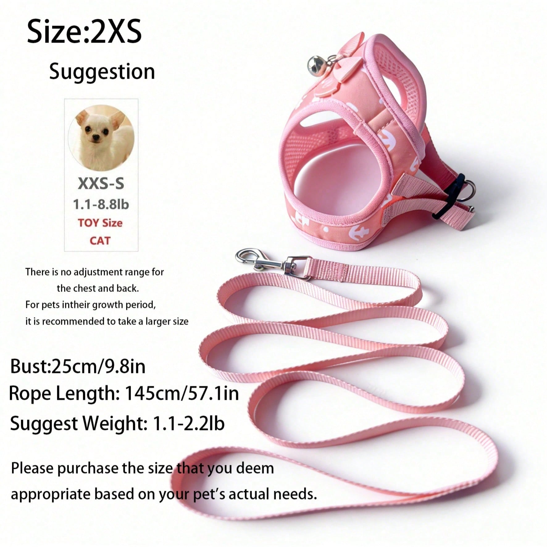 Pink polyester pet harness and leash set with bow design for cats, dogs, kittens, and puppies