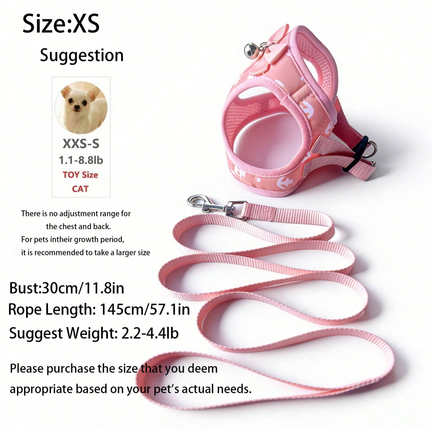 Pink polyester pet harness and leash set with bow design for cats, dogs, kittens, and puppies