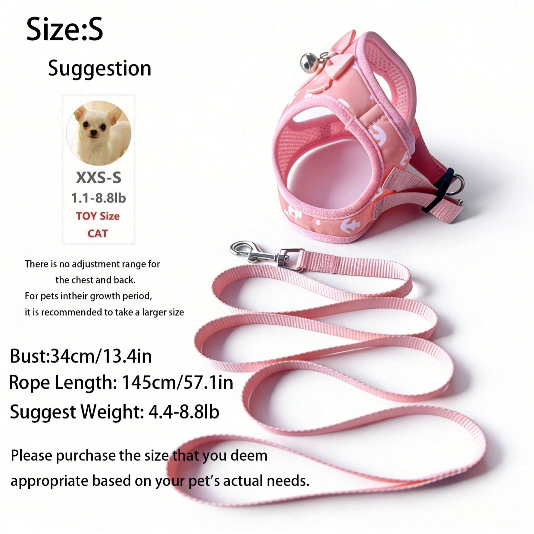 Pink polyester pet harness and leash set with bow design for cats, dogs, kittens, and puppies