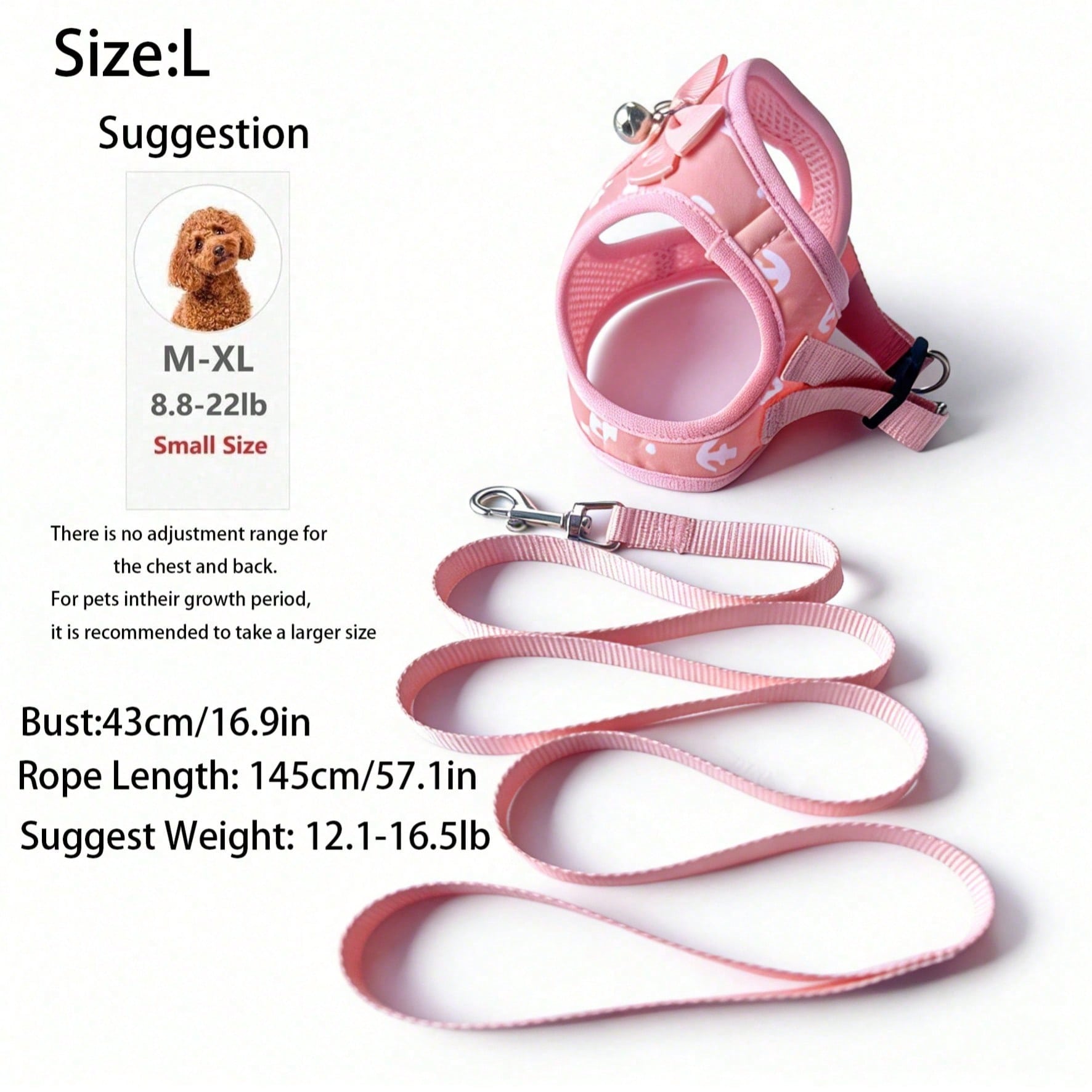 Pink polyester pet harness and leash set with bow design for cats, dogs, kittens, and puppies