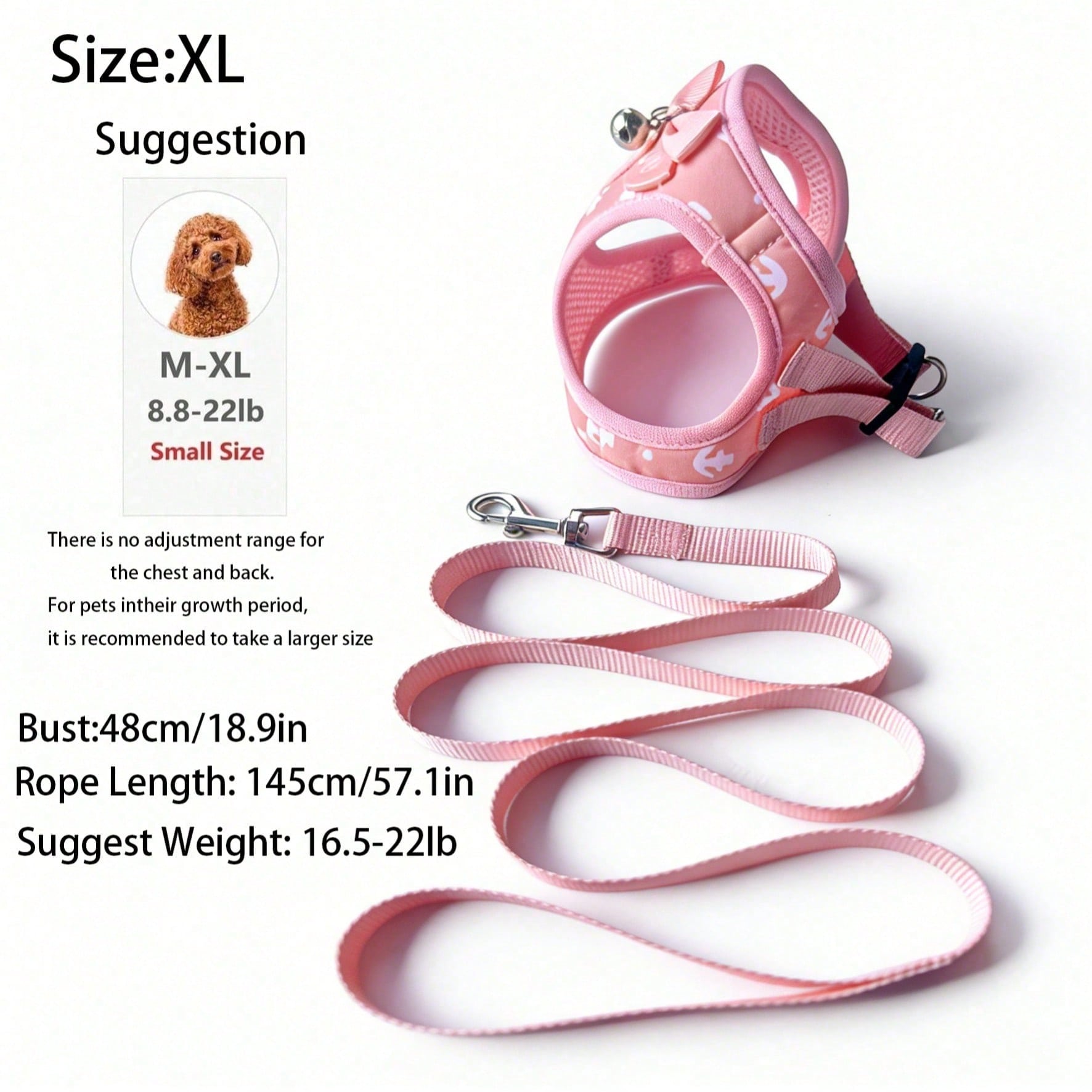 Pink polyester pet harness and leash set with bow design for cats, dogs, kittens, and puppies