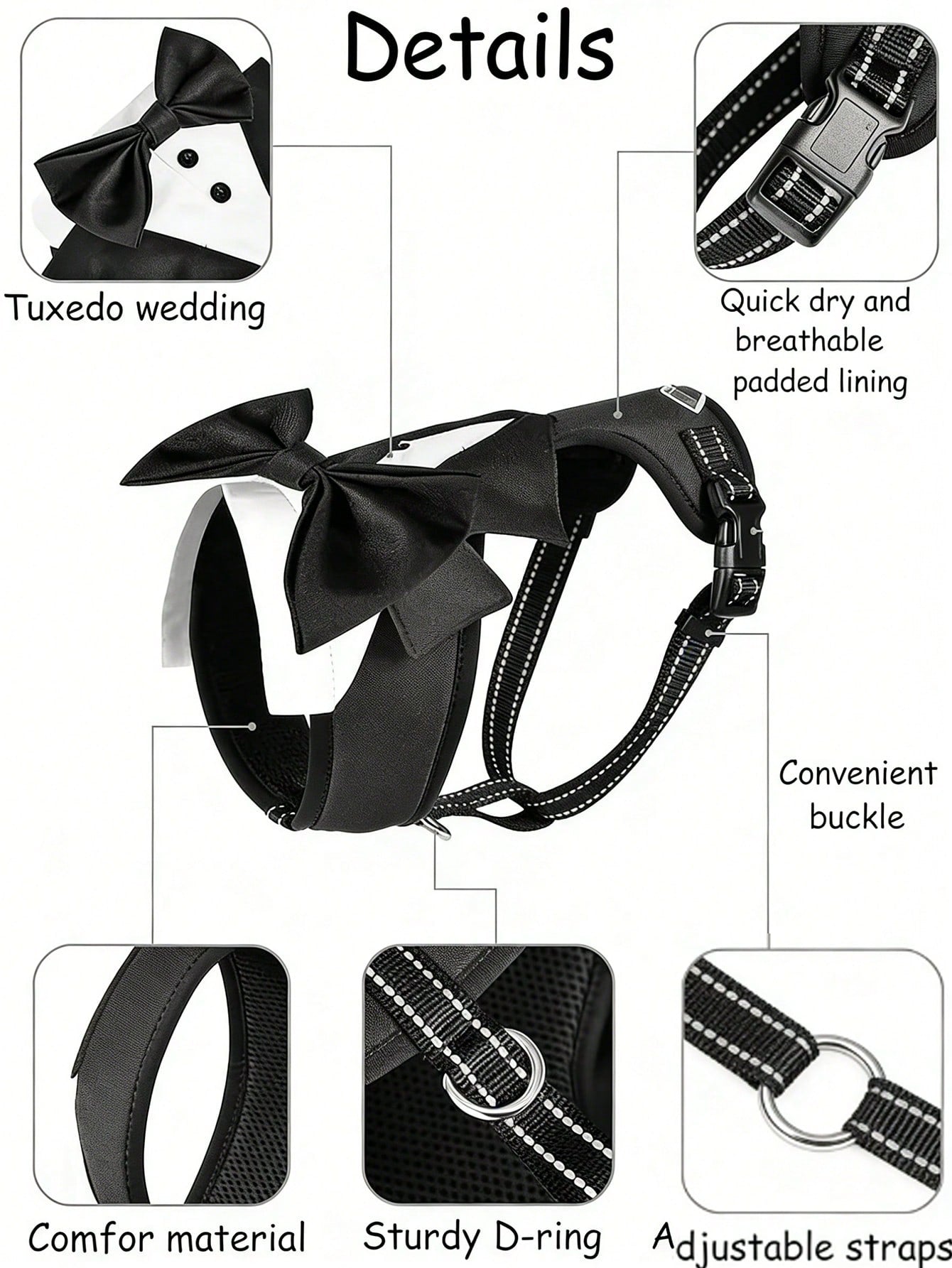 Black and white colorblock pet tuxedo harness vest with bow tie for small and medium dogs or cats, formal polyester vest for weddings and birthdays